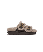Fitflop Gen-FF Buckle 2 Bar Curly Shearling Leather Slides Chocolate Brown