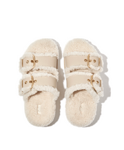 Fitflop Gen-FF Buckle 2 Bar Curly Shearling Leather Slides Stone Beige