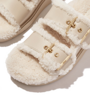 Fitflop Gen-FF Buckle 2 Bar Curly Shearling Leather Slides Stone Beige