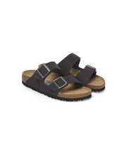Birkenstock Arizona Nubuck Leather Black Pewter Buckle Soft Footbed Sandals