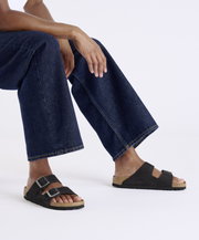 Birkenstock Arizona Nubuck Leather Black Pewter Buckle Soft Footbed Sandals