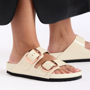Birkenstock Arizona Big Buckle Exquisite High Shine Natural Patent Leather Ecru Sandals