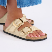 womens beige sandals with big buckle