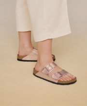 Active Rose-Gold Metallic Dual-Strap Sandals Womens 