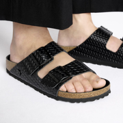 birkenstock black leather embossed sandals