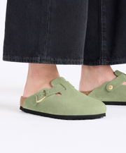 Birkenstock Boston Suede Leather Green Tea Soft Footbed Clogs