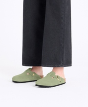 Birkenstock Boston Suede Leather Green Tea Soft Footbed Clogs