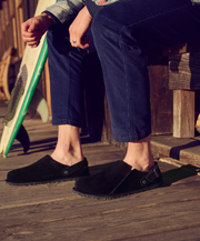 Black Adjustable Comfortable Suede Clog Ankle Strap Back