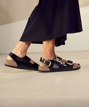 Womens Black Shining Leather Three Strap Summer Sandal Birkenstock Elegant 