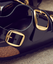 Womens Black Shining Leather Three Strap Summer Sandal Birkenstock Elegant 