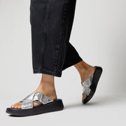 Fitflop F-Mode Buckle Stud M/Leather Flatform Cross Slide Silver
