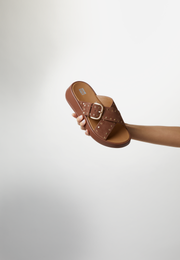 Fitflop F-Mode Buckle Stud Suede Flatform Cross Slide Brown