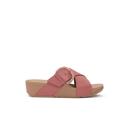 beige leather womens slides with big buckle