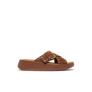 Fitflop F-Mode Buckle Stud Suede Flatform Cross Slide Brown