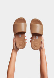 FitFlop iQushion D-Luxe Padded Leather Slides Latte Tan