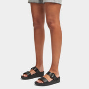 FitFlop Lulu Covered Buckle Raw Edge Leather Slides Black