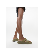 FitFlop F-Mode Raw Edge Leather Flatform H-Bar Slides Camo Green