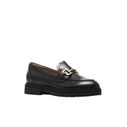 womens black loafer with gold buckle detail