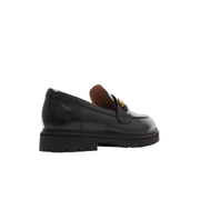 womens black loafer with gold buckle detail