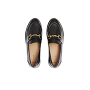 womens black loafer with gold buckle detail