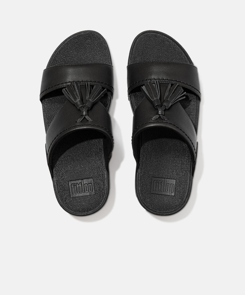 FitFlop Lulu Tassel Leather All Black Slides | Free Express Shipping ...